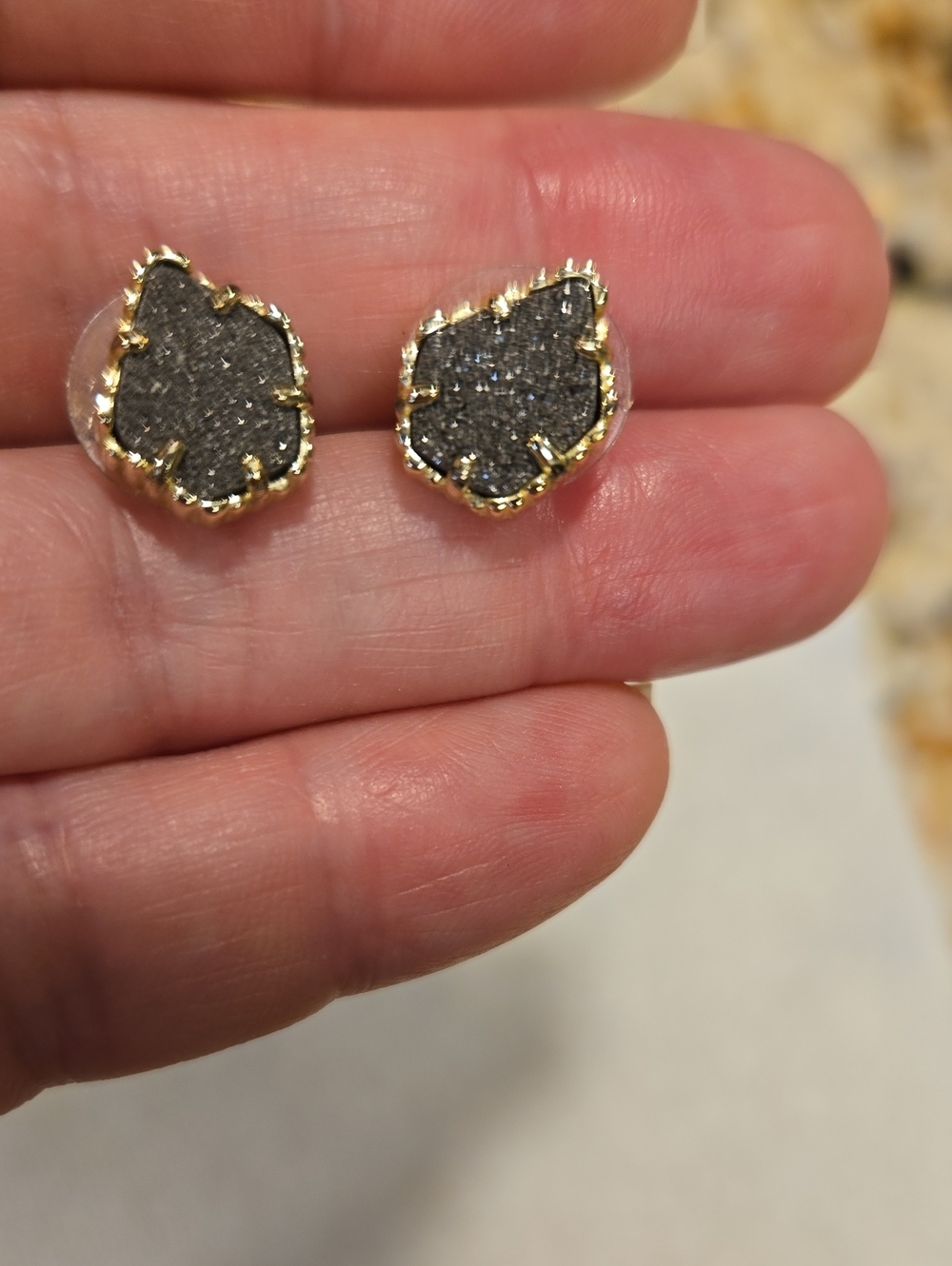 Gold-Trim Gray Druzy Stud Earrings - Women Jewelry